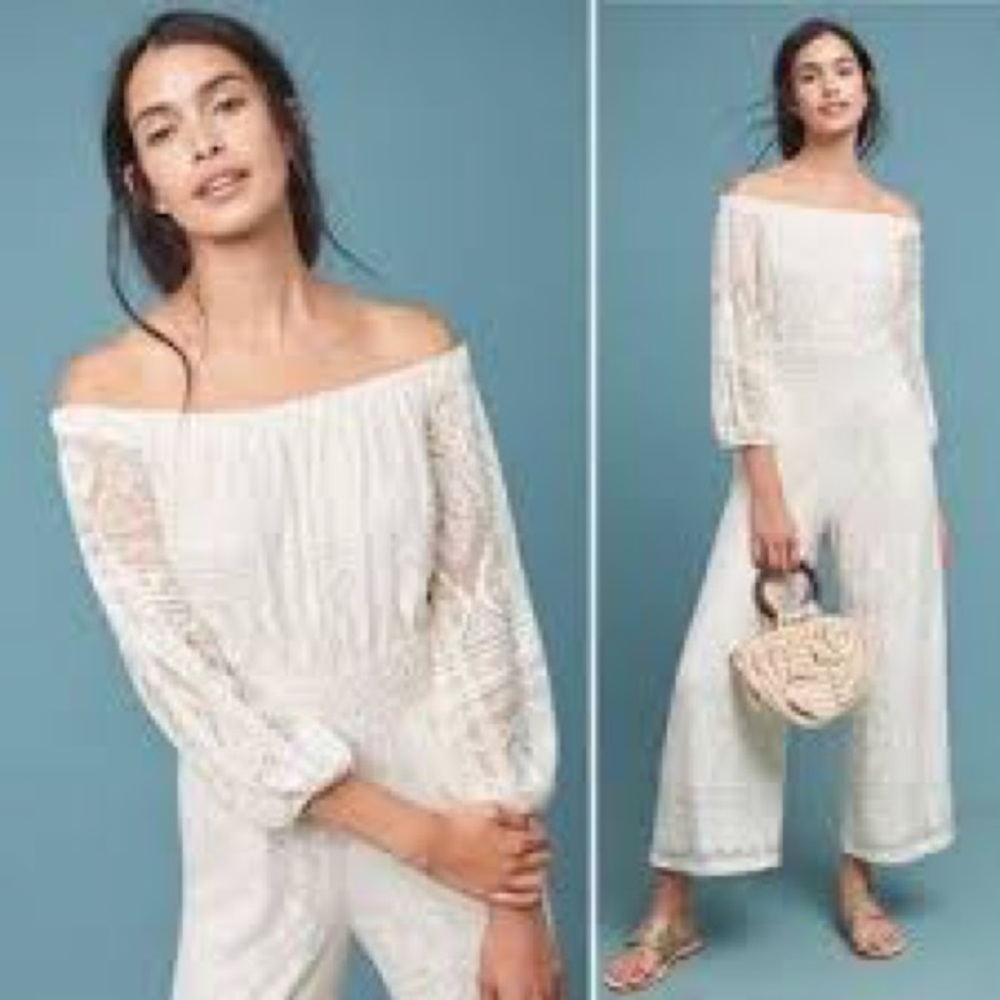 Anthropologie/Farm Rio XL white lace jumpsuit boho off the shoulder
